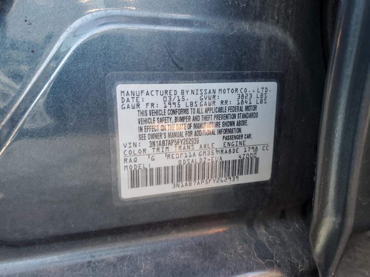 2015 Nissan Sentra S VIN: 3N1AB7AP5FY262939 Lot: 84225725