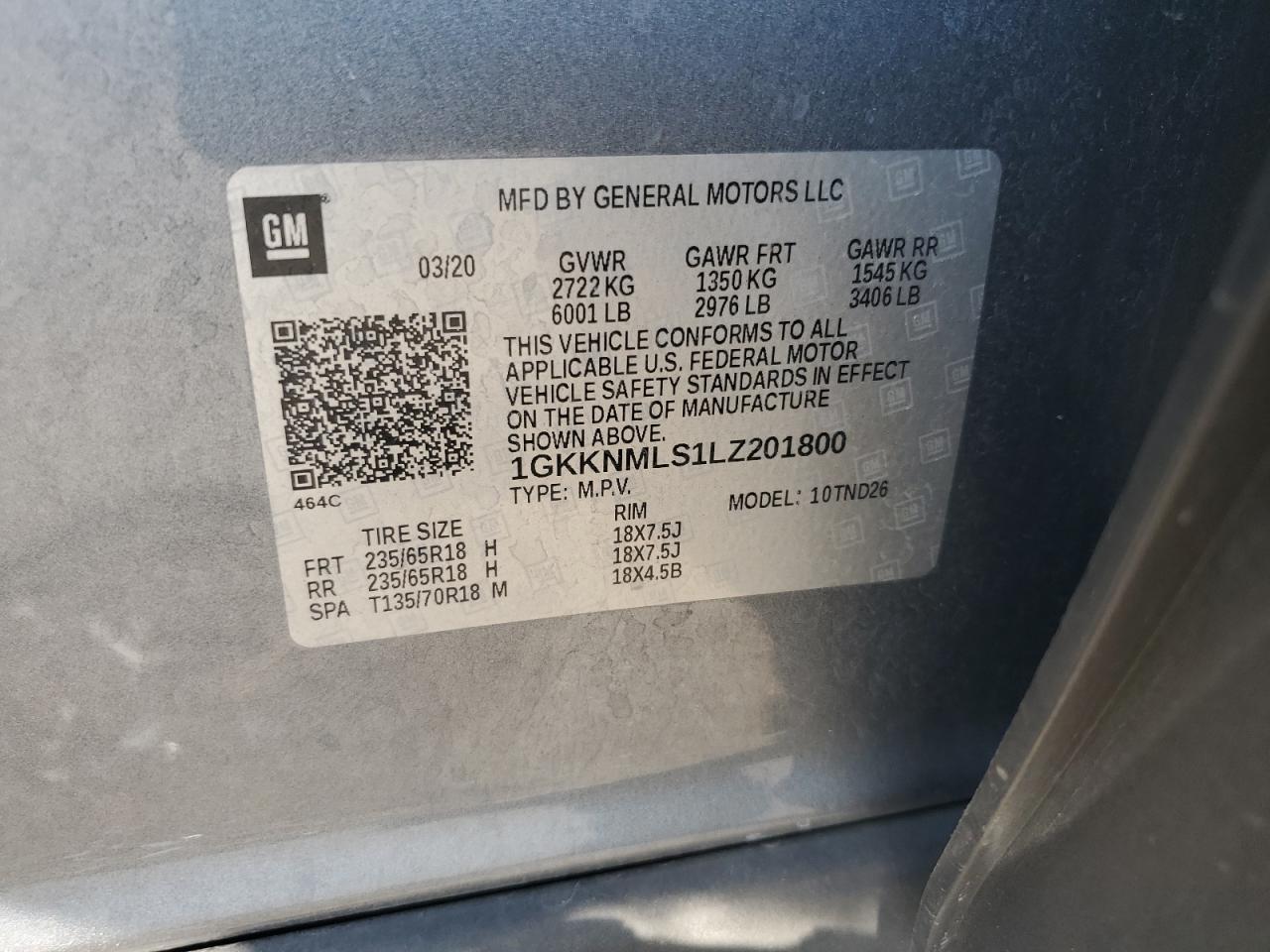 2020 GMC Acadia Slt VIN: 1GKKNMLS1LZ201800 Lot: 80685365