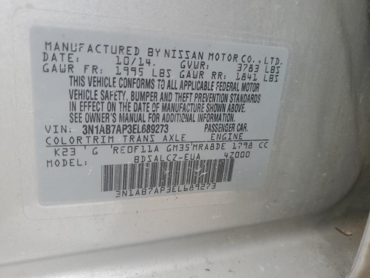 2014 Nissan Sentra S VIN: 3N1AB7AP3EL689273 Lot: 83866535