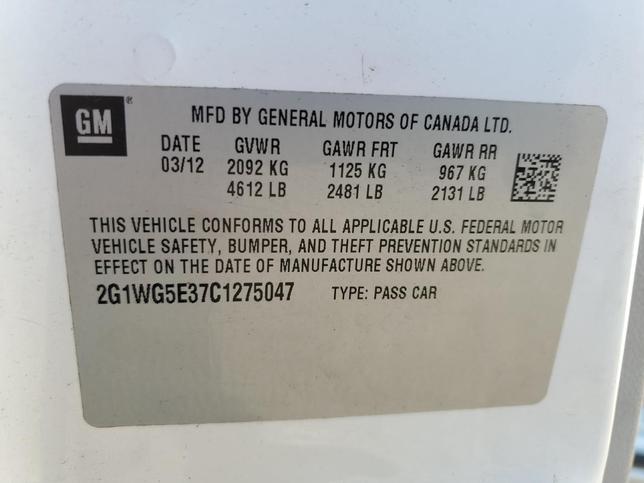 2012 Chevrolet Impala Lt VIN: 2G1WG5E37C1275047 Lot: 71259665