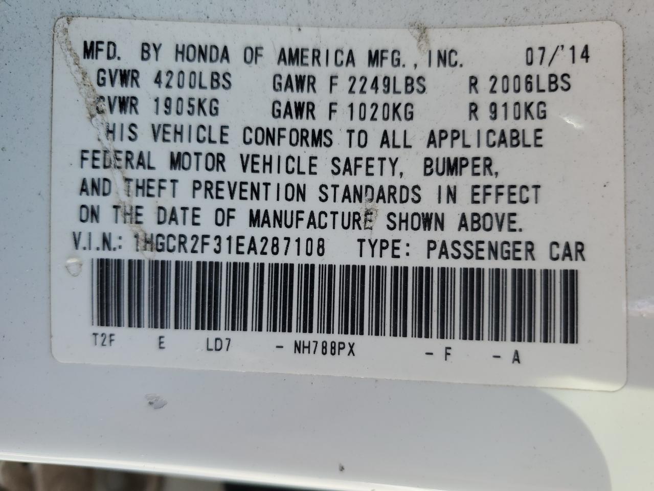 2014 Honda Accord Lx VIN: 1HGCR2F31EA287108 Lot: 84818765