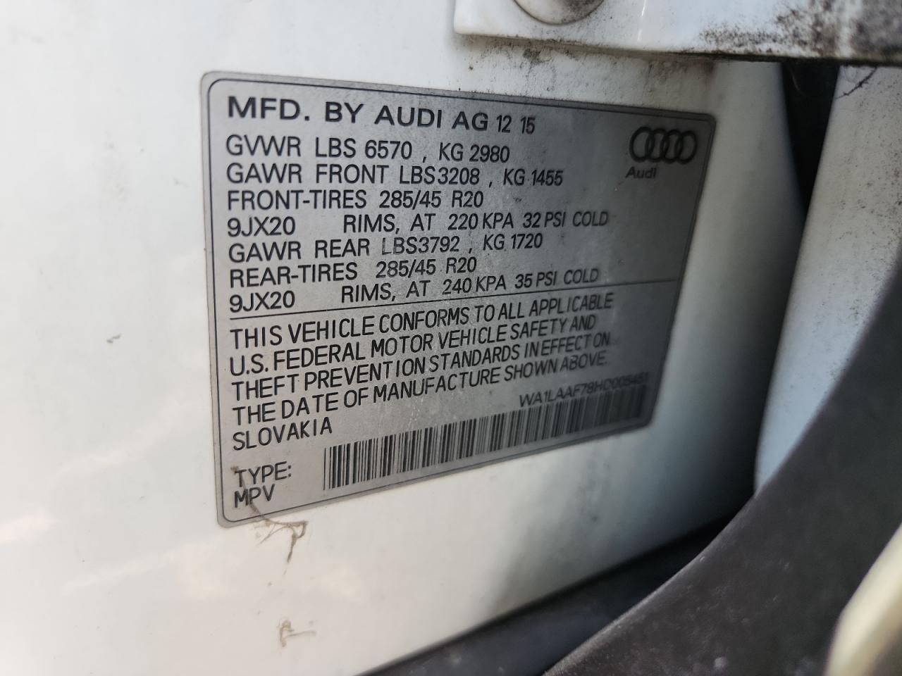 2017 Audi Q7 Premium Plus VIN: WA1LAAF78HD005451 Lot: 84019375