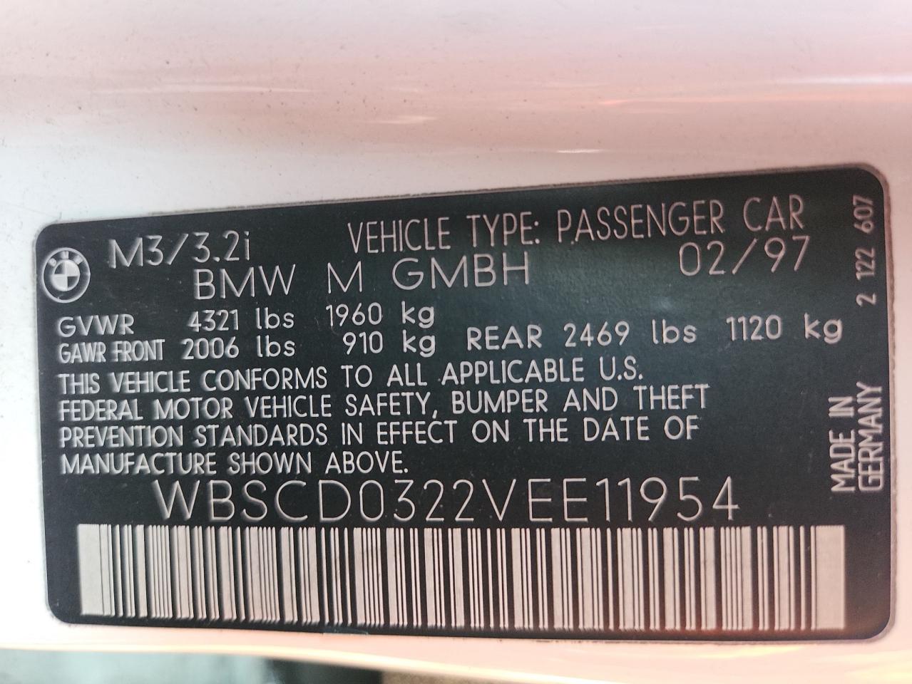 1997 BMW M3 Automatic VIN: WBSCD0322VEE11954 Lot: 71208295