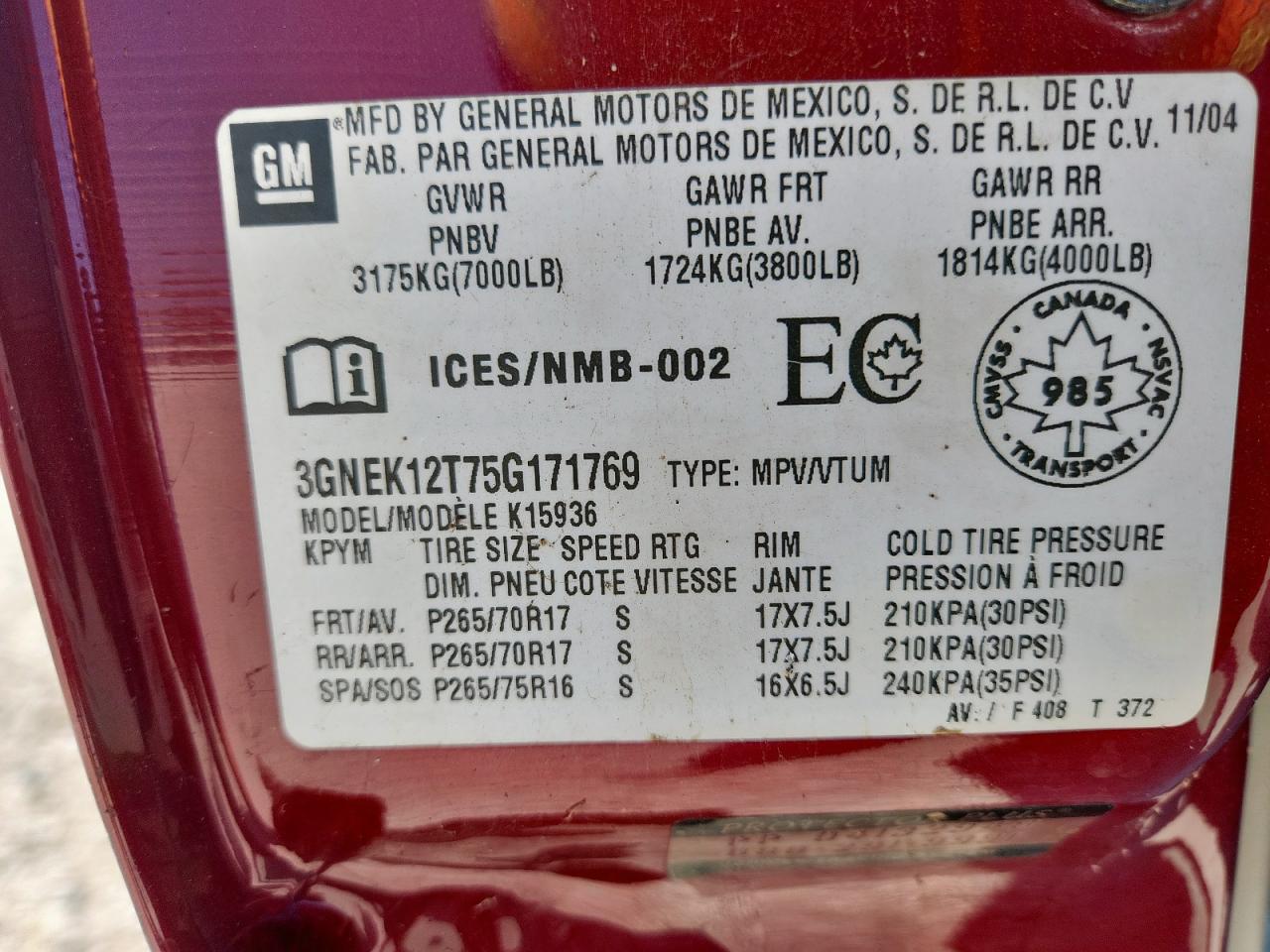 2005 Chevrolet Avalanche K1500 VIN: 3GNEK12T75G171769 Lot: 81482565