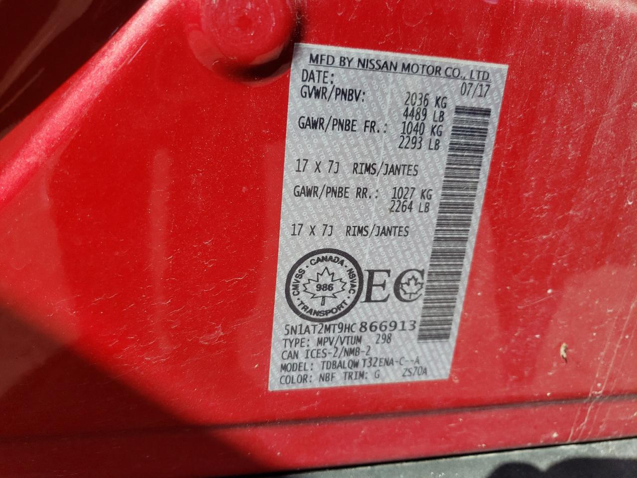 2017 Nissan Rogue S VIN: 5N1AT2MT9HC866913 Lot: 84031915