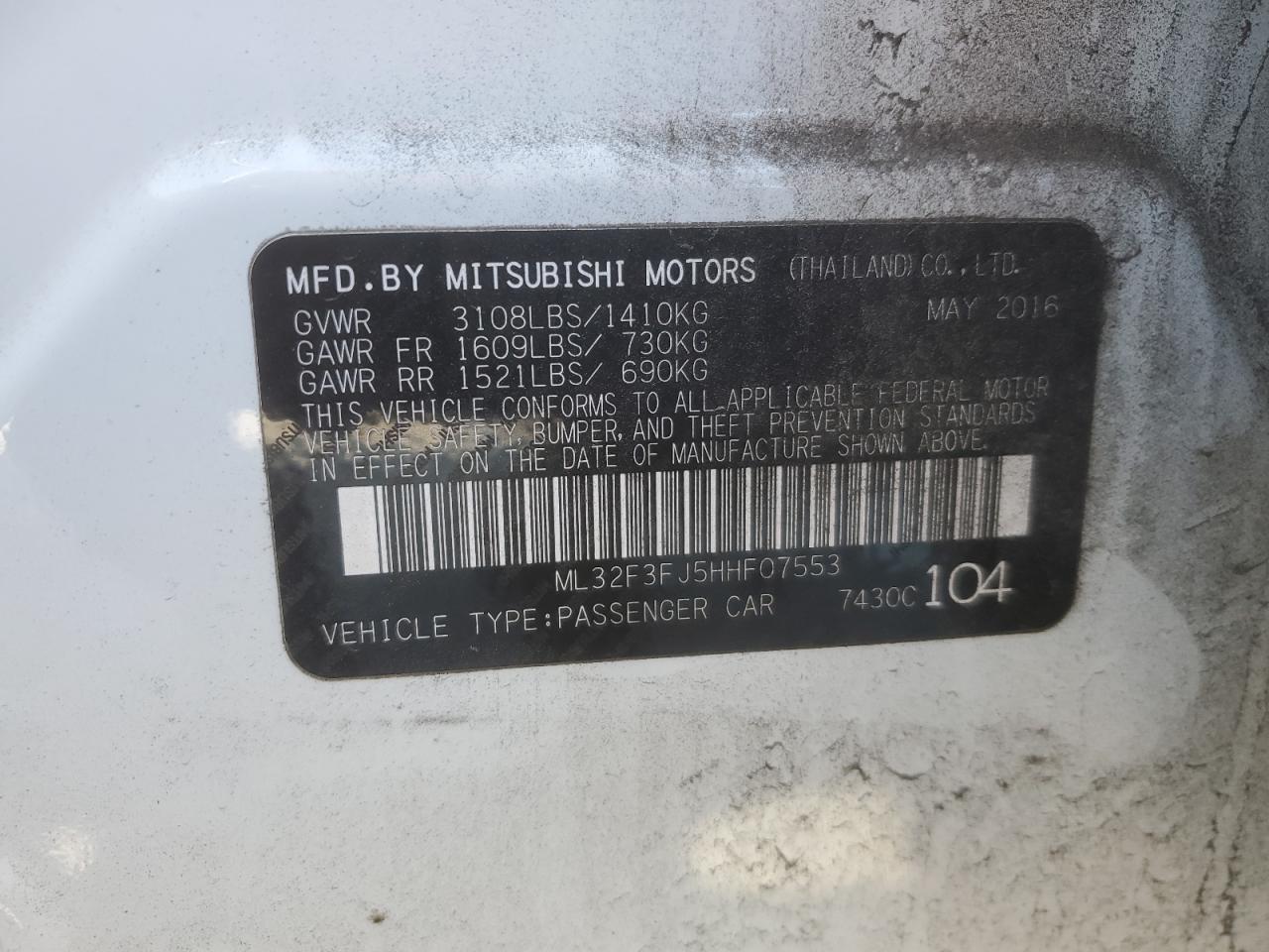 2017 Mitsubishi Mirage G4 Es VIN: ML32F3FJ5HHF07553 Lot: 72056215