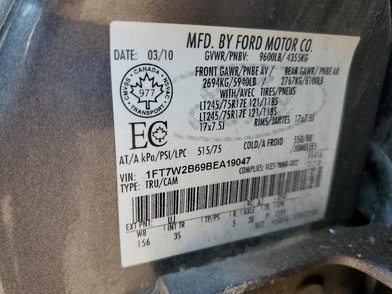 2011 Ford F250 Super Duty VIN: 1FT7W2B69BEA19047 Lot: 71016565