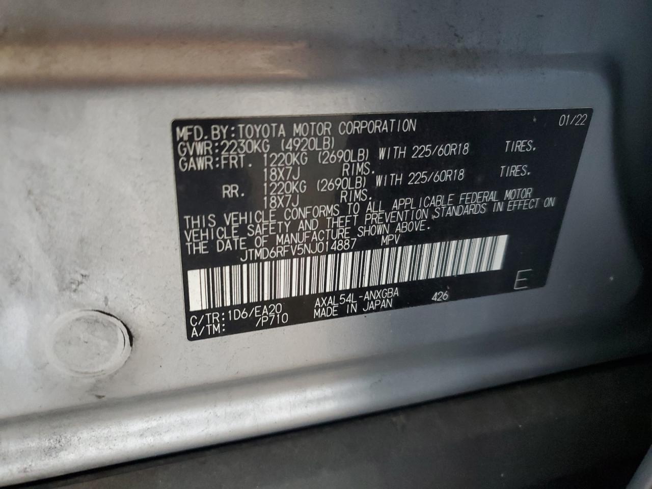 2022 Toyota Rav4 Limited VIN: JTMD6RFV5NJ014887 Lot: 80272175