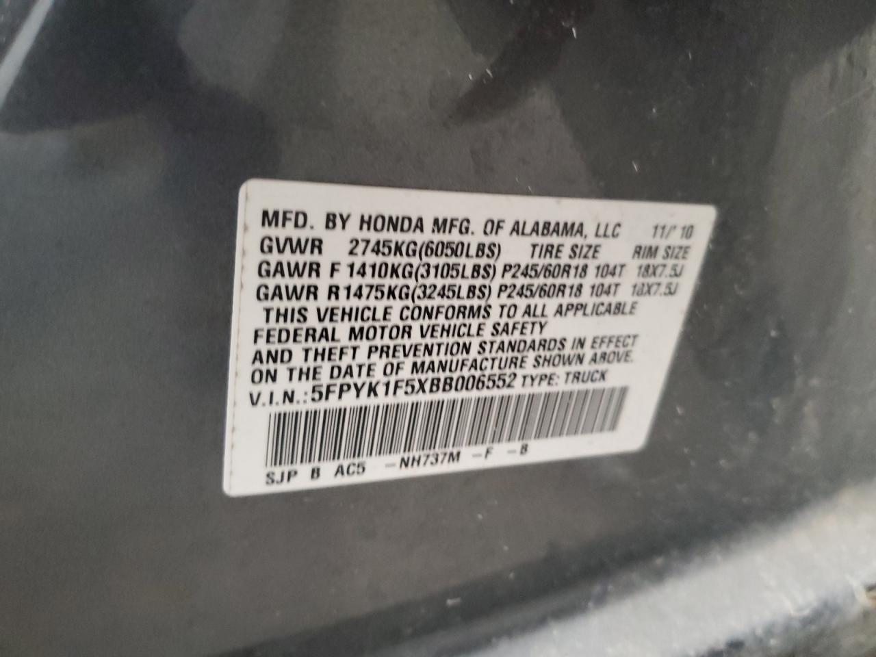 2011 Honda Ridgeline Rtl VIN: 5FPYK1F5XBB006552 Lot: 84037425
