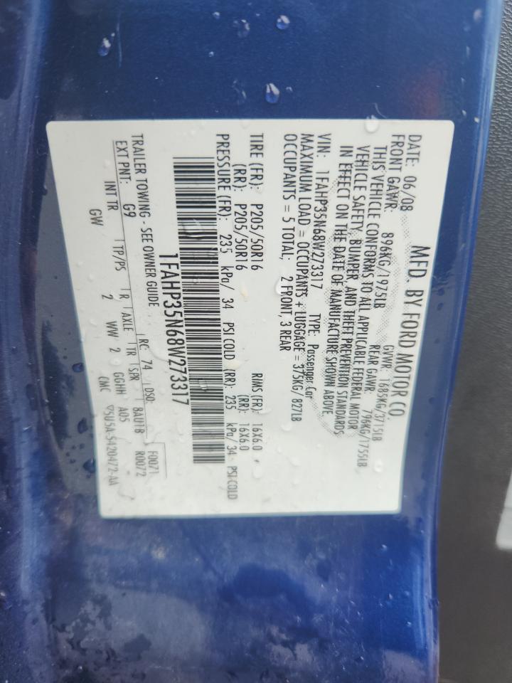 2008 Ford Focus Se VIN: 1FAHP35N68W273317 Lot: 71839345