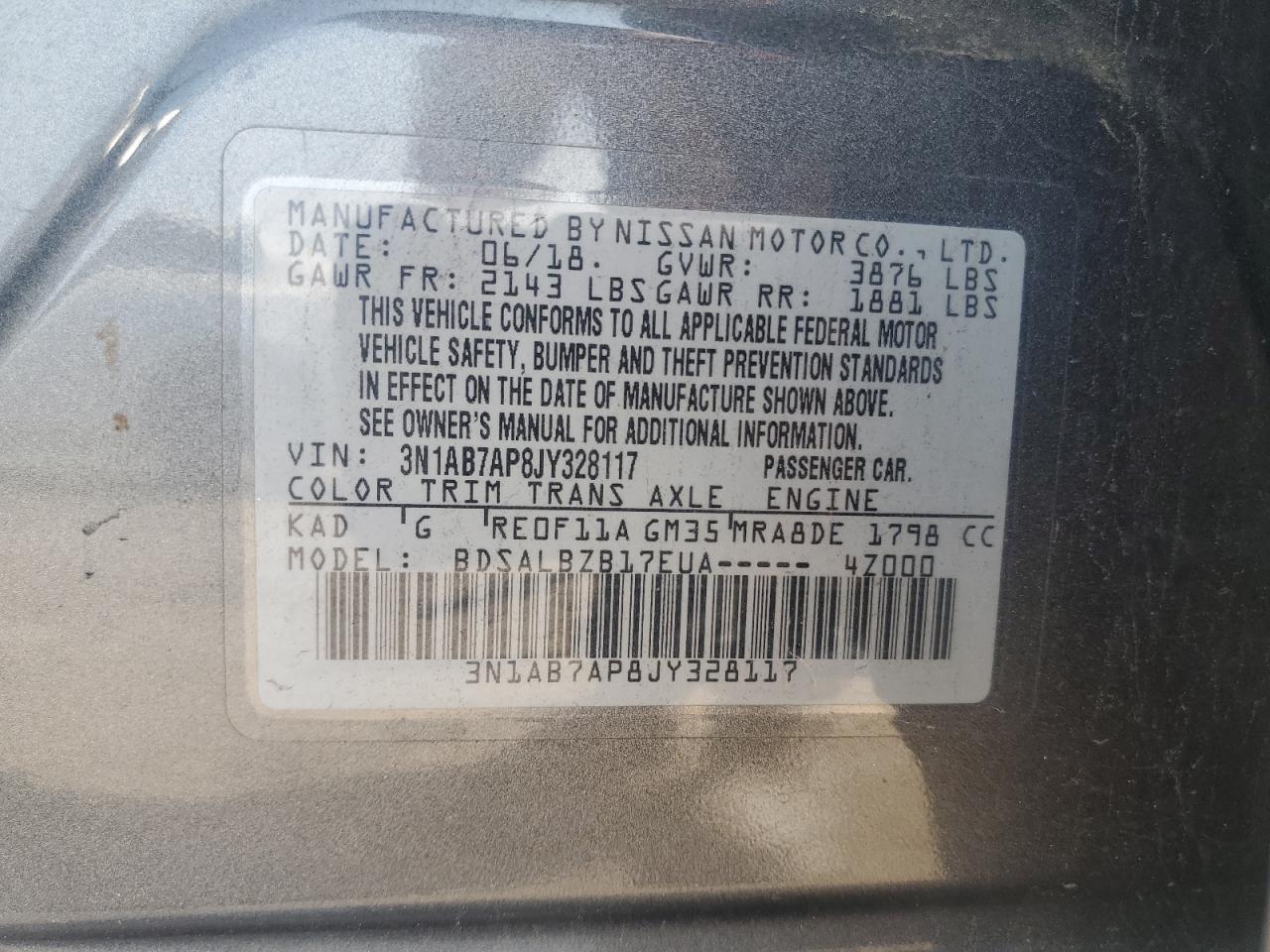 2018 Nissan Sentra S VIN: 3N1AB7AP8JY328117 Lot: 71977255