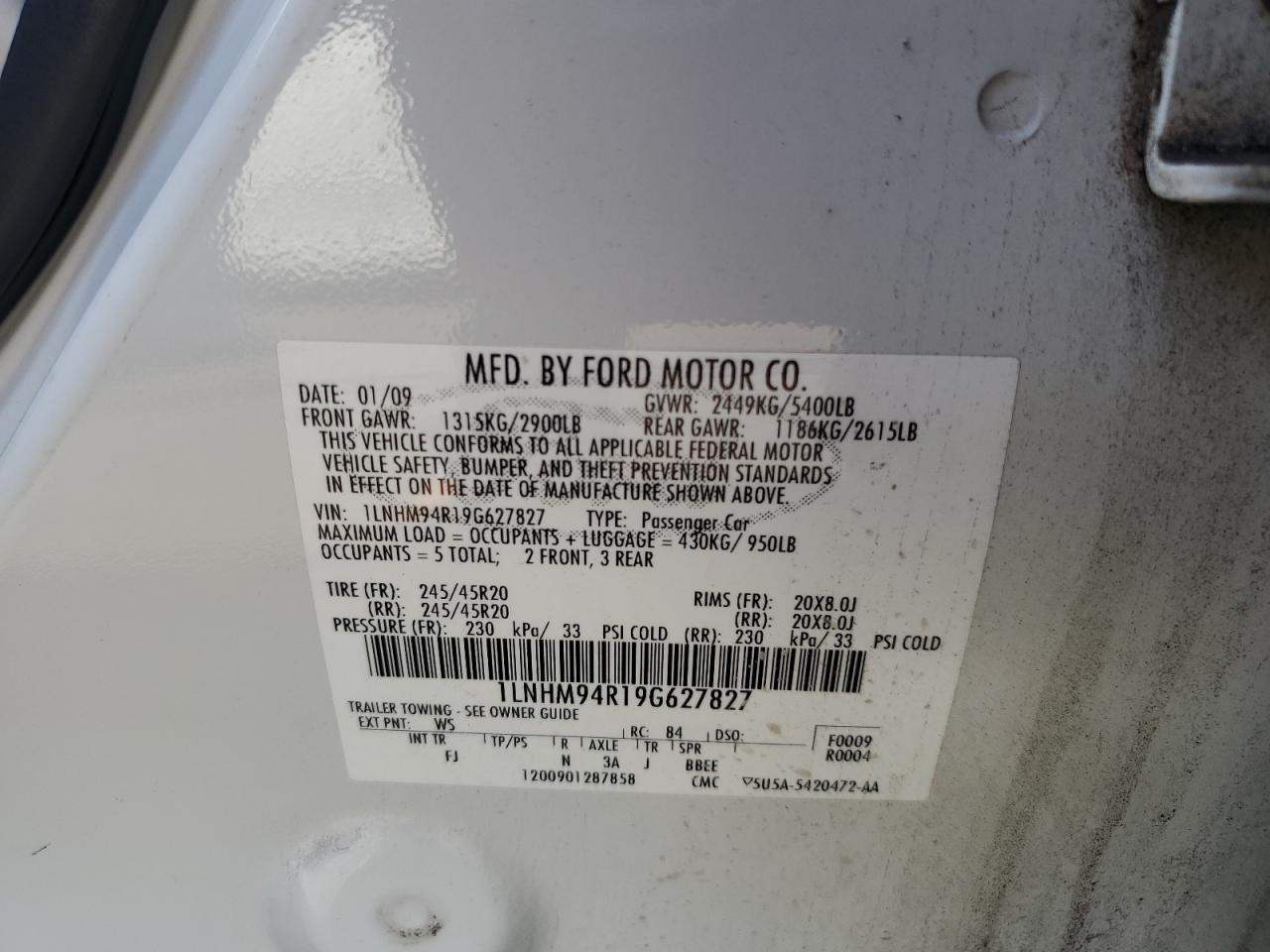 2009 Lincoln Mks VIN: 1LNHM94R19G627827 Lot: 81419585