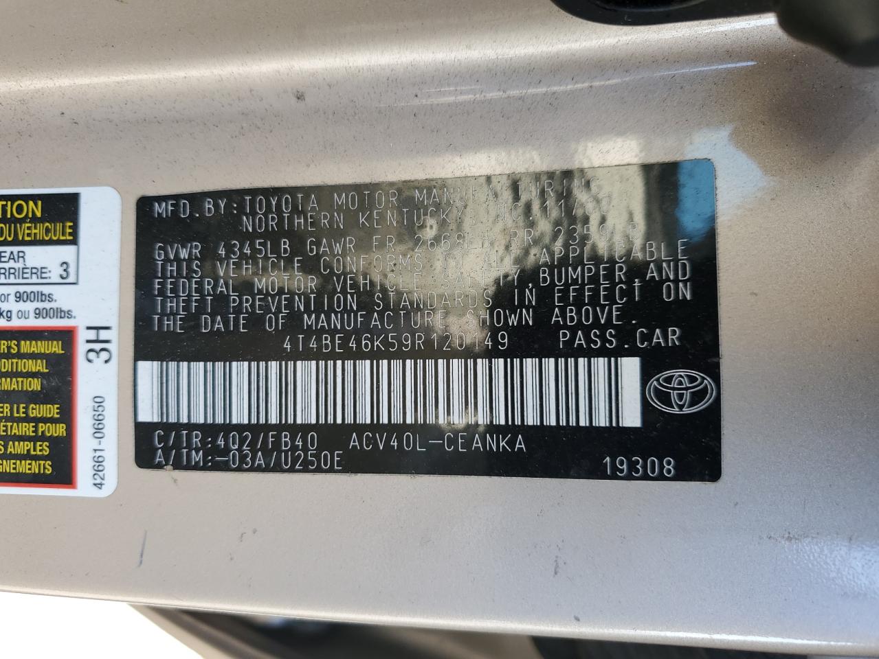 2009 Toyota Camry Base VIN: 4T4BE46K59R120149 Lot: 80903365