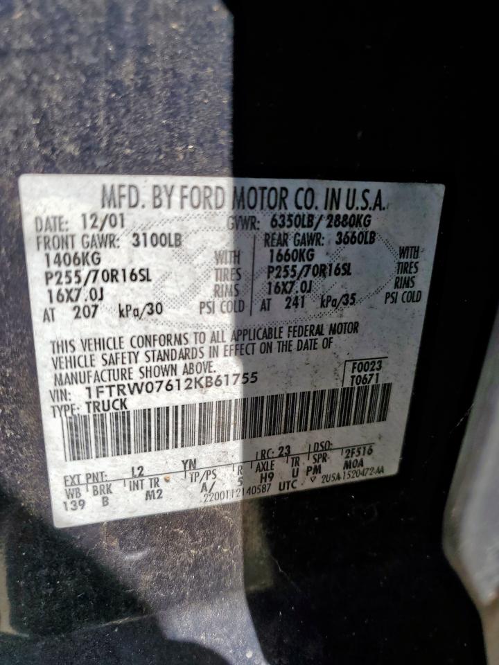 2002 Ford F150 Supercrew VIN: 1FTRW07612KB61755 Lot: 71523165