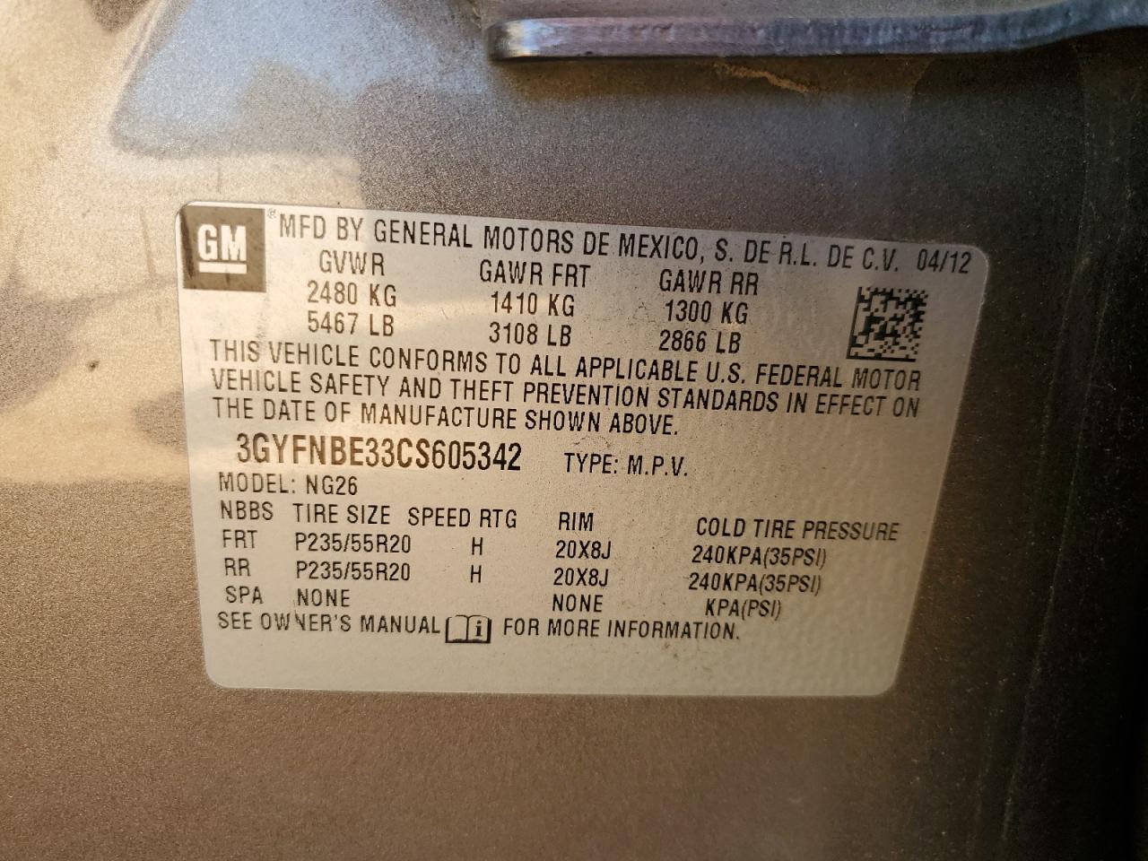 2012 Cadillac Srx Performance Collection VIN: 3GYFNBE33CS605342 Lot: 81423885