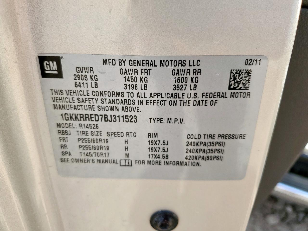 2011 GMC Acadia Slt-1 VIN: 1GKKRRED7BJ311523 Lot: 81216935