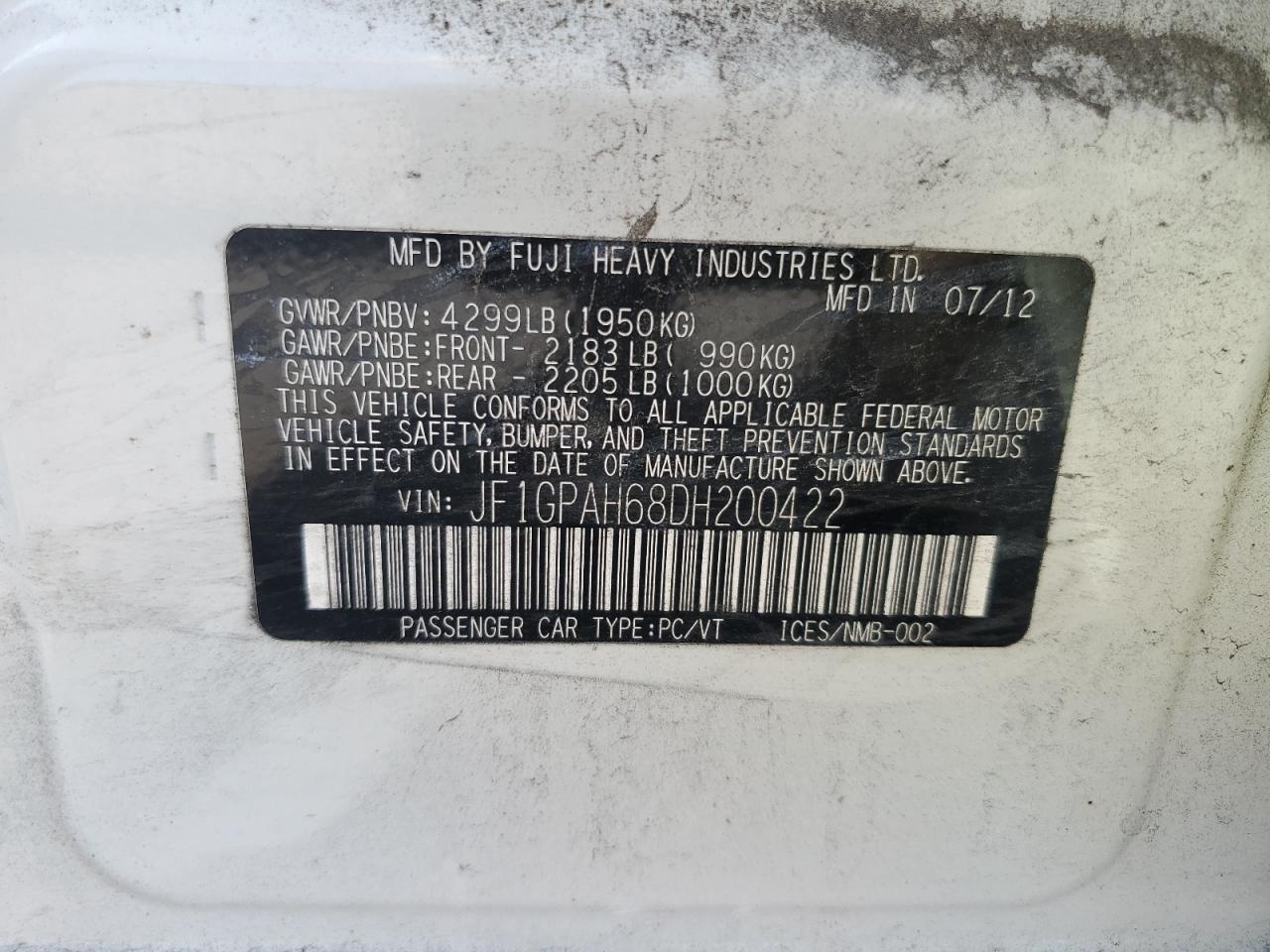 2013 Subaru Impreza Limited VIN: JF1GPAH68DH200422 Lot: 72078785