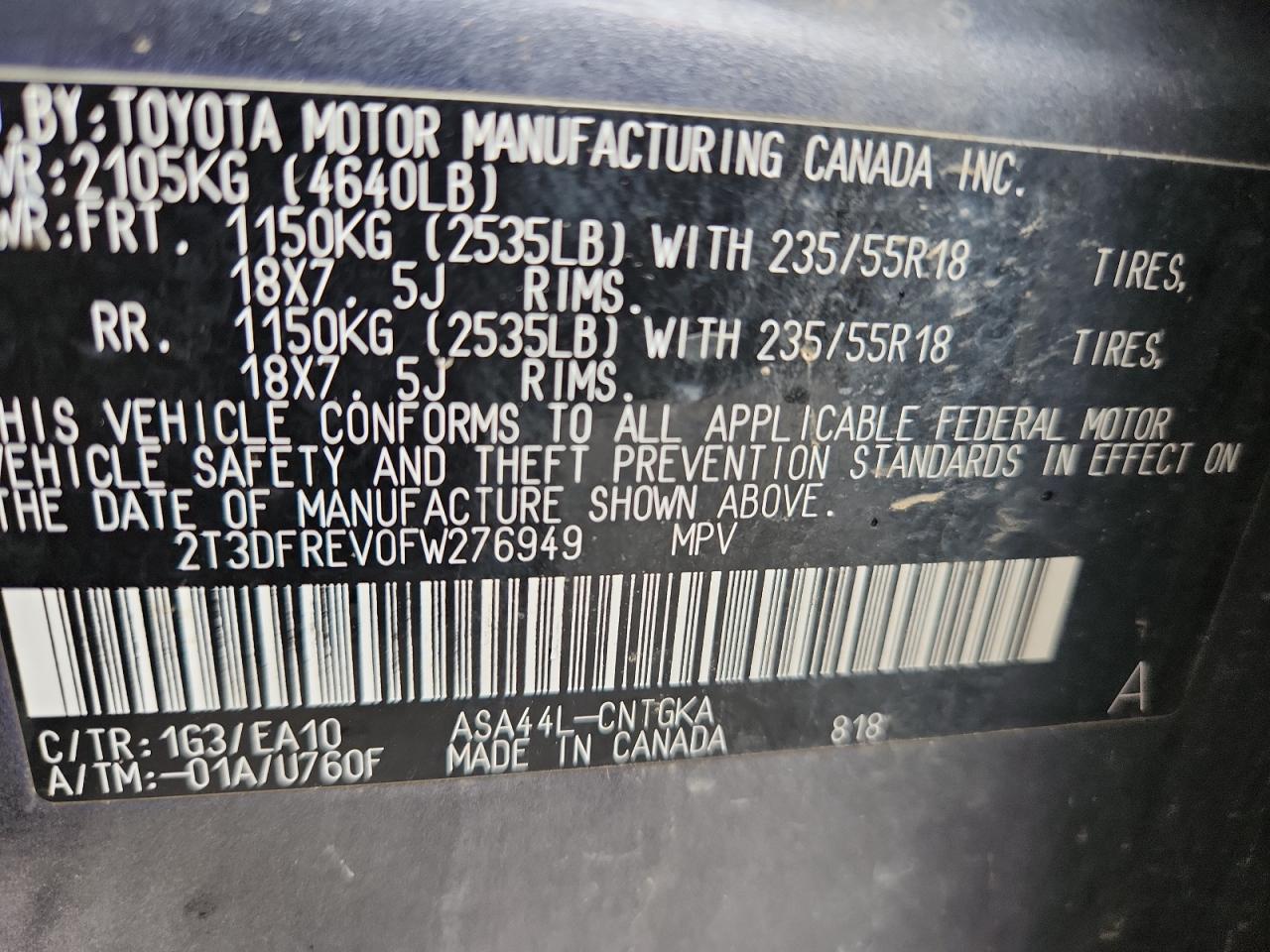 2015 Toyota Rav4 Limited VIN: 2T3DFREV0FW276949 Lot: 82062165