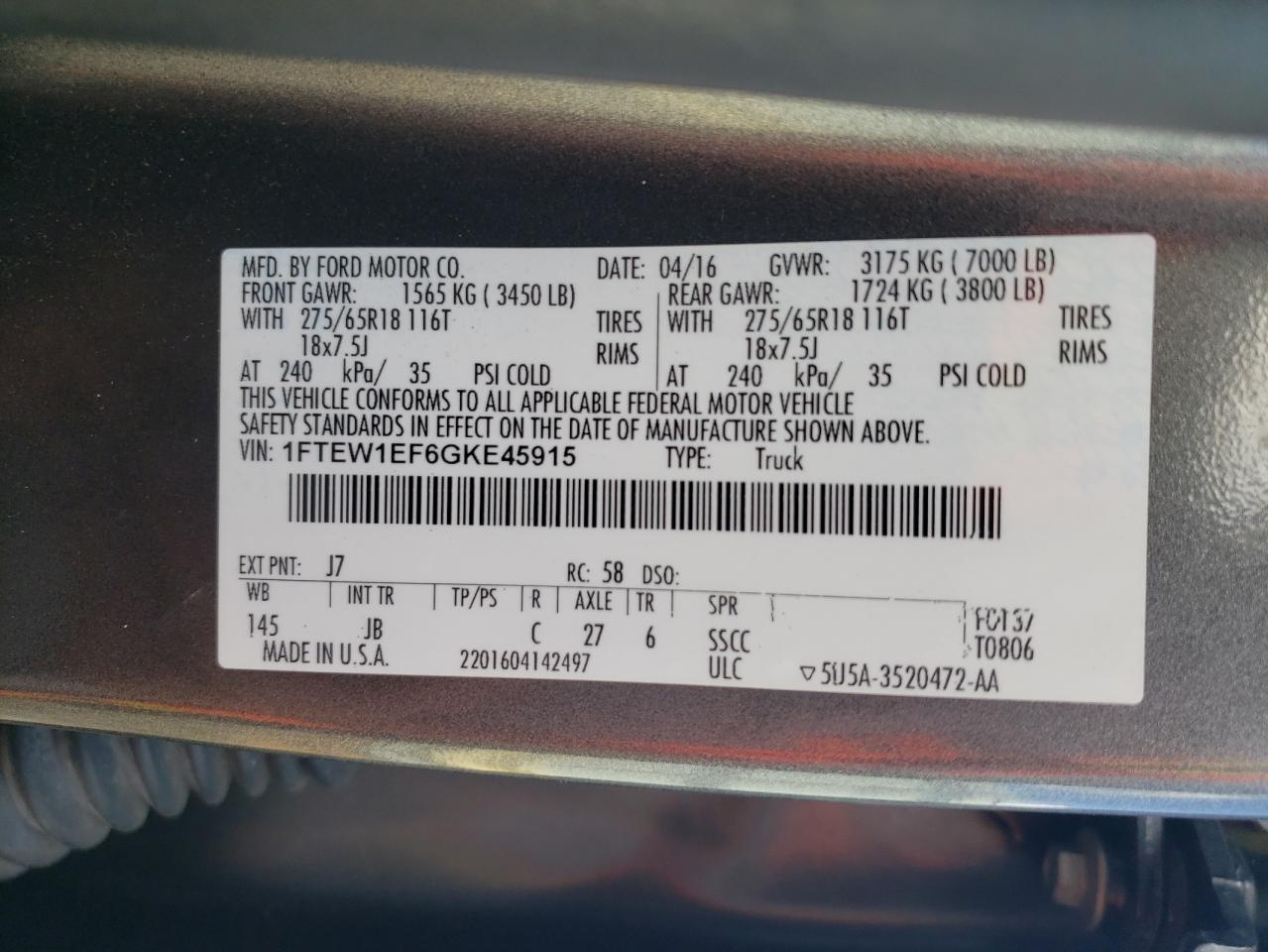 2016 Ford F150 Supercrew VIN: 1FTEW1EF6GKE45915 Lot: 81803515