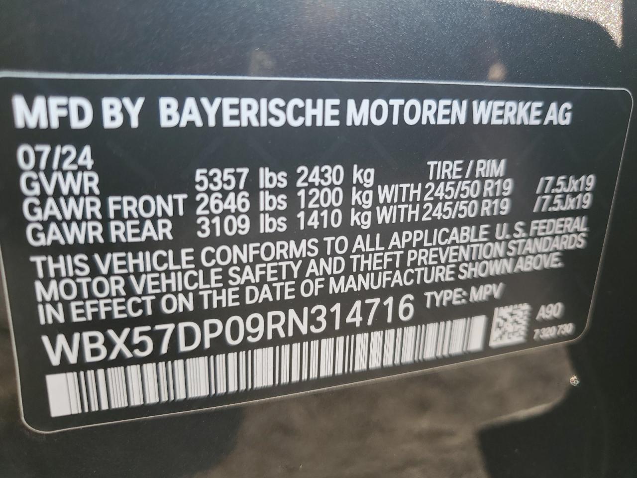 2024 BMW X3 xDrive30I VIN: WBX57DP09RN314716 Lot: 71852425
