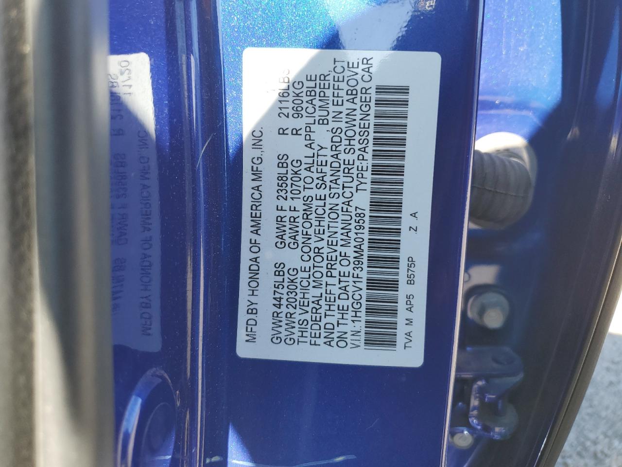 2021 Honda Accord Sport VIN: 1HGCV1F39MA019587 Lot: 72032775