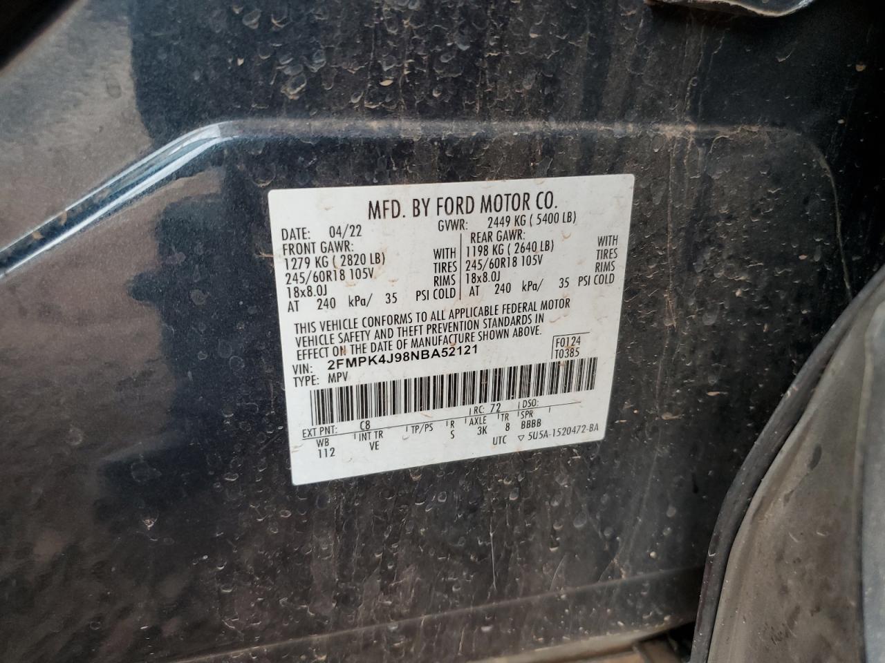 2022 Ford Edge Sel VIN: 2FMPK4J98NBA52121 Lot: 81026465