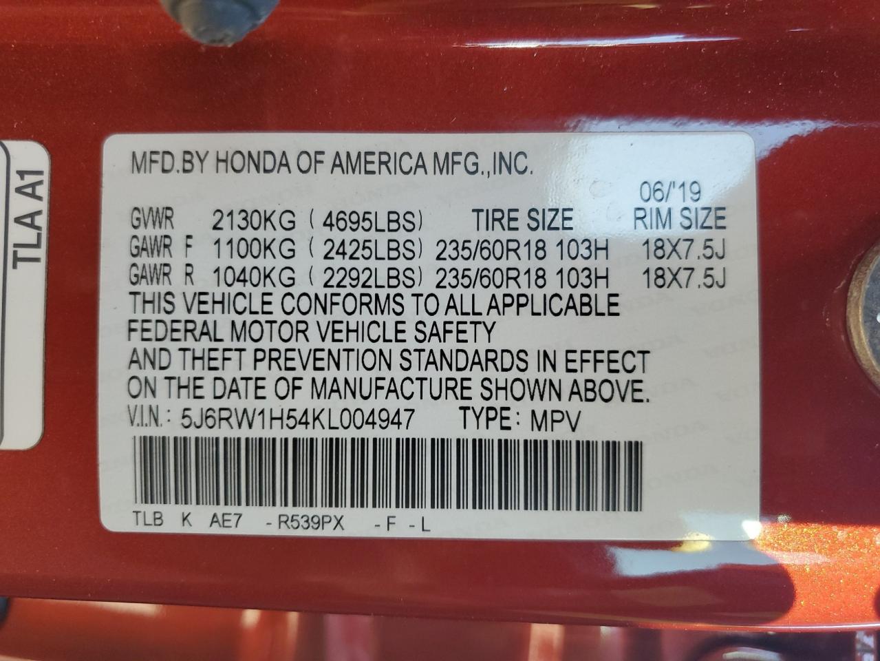 2019 Honda Cr-V Ex VIN: 5J6RW1H54KL004947 Lot: 70471085