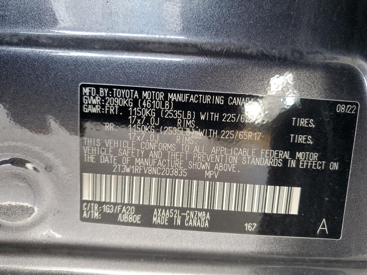 2022 Toyota Rav4 Xle VIN: 2T3W1RFV8NC203835 Lot: 71786265