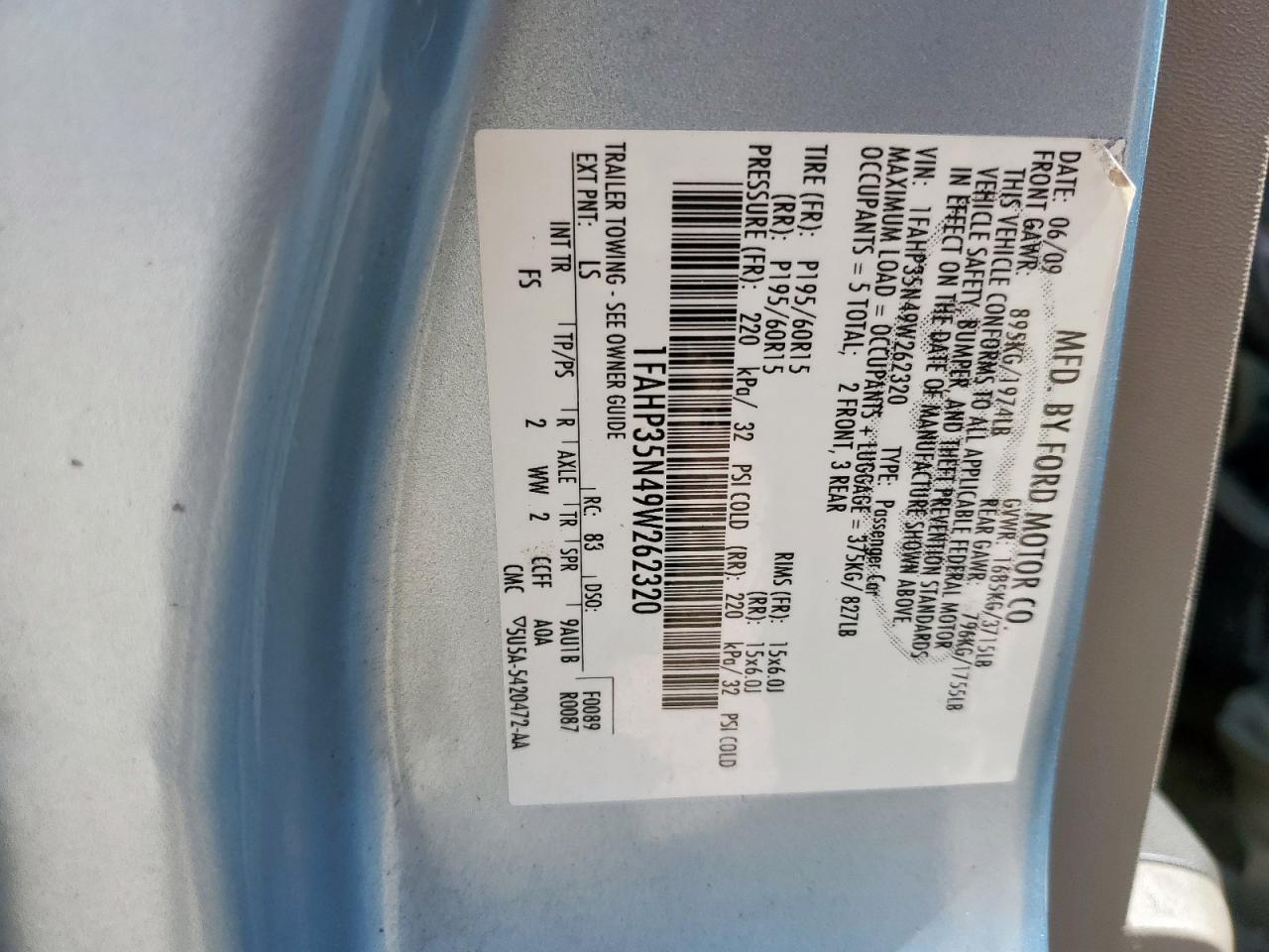 2009 Ford Focus Se VIN: 1FAHP35N49W262320 Lot: 81341995