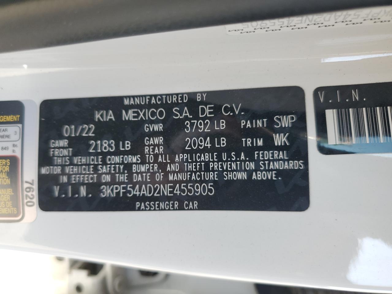 2022 Kia Forte Gt Line VIN: 3KPF54AD2NE455905 Lot: 81058175