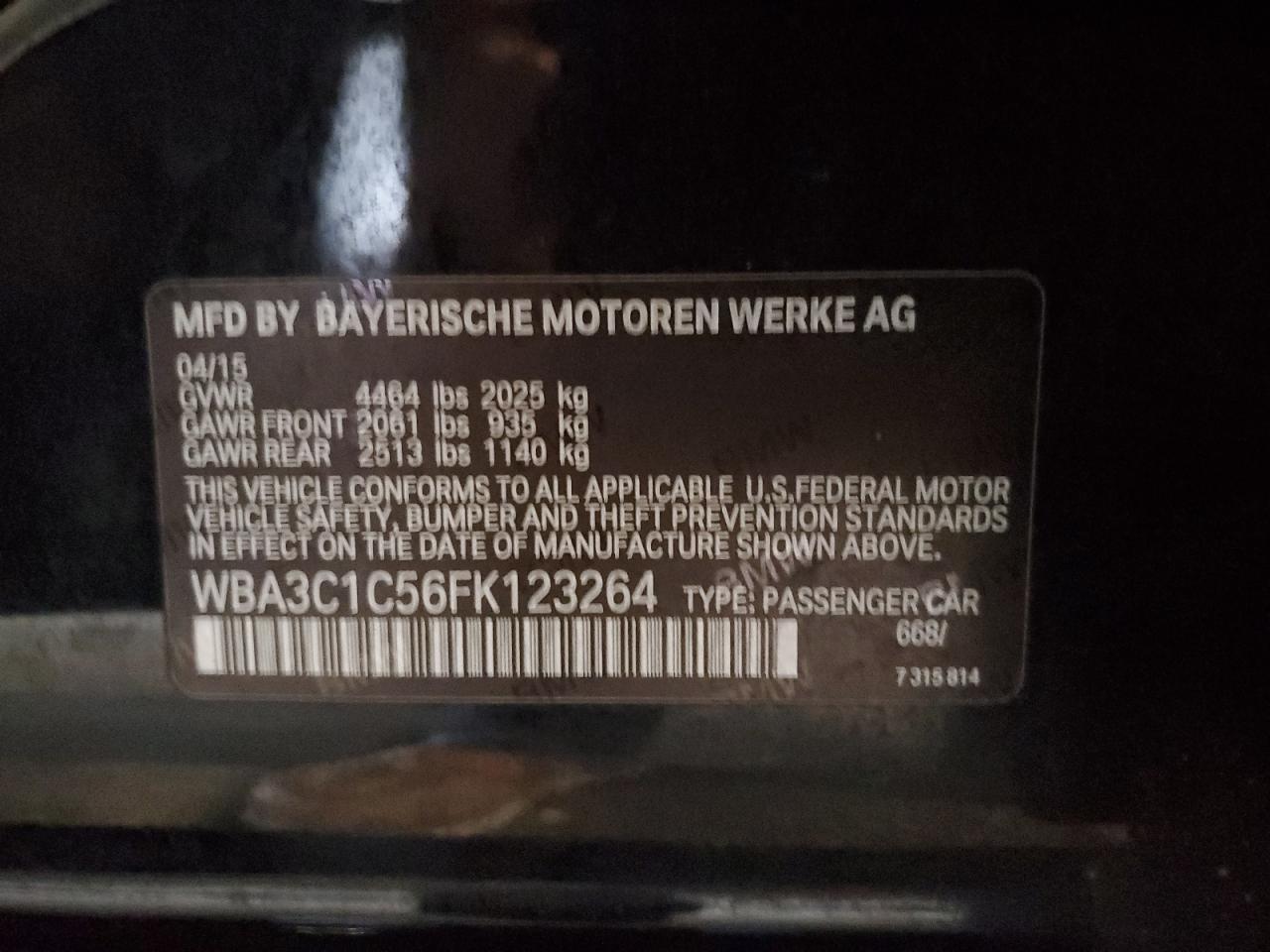 2015 BMW 328 I Sulev VIN: WBA3C1C56FK123264 Lot: 80303435