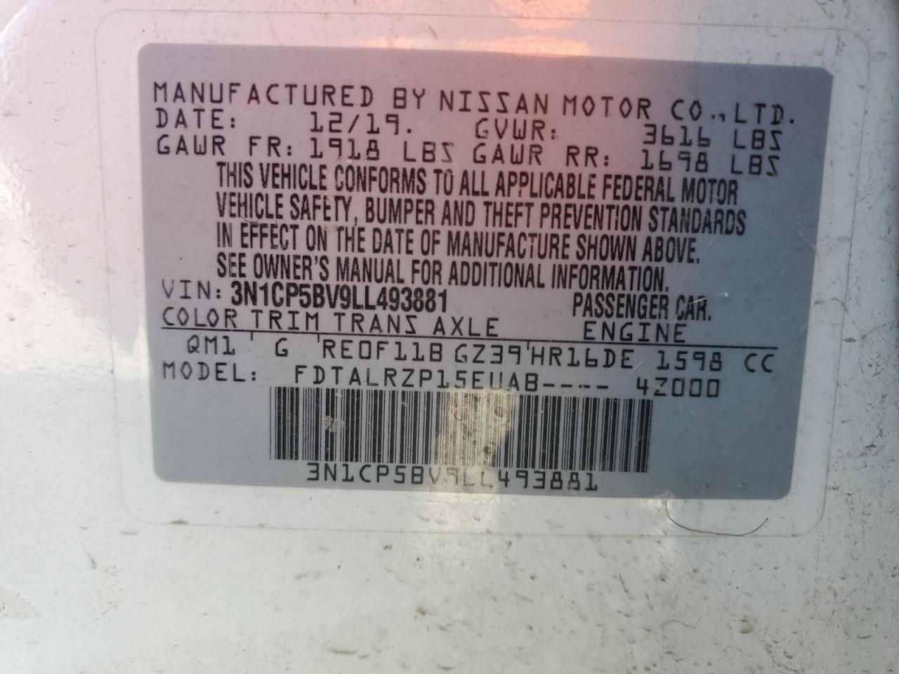 2020 Nissan Kicks S VIN: 3N1CP5BV9LL493881 Lot: 84367275