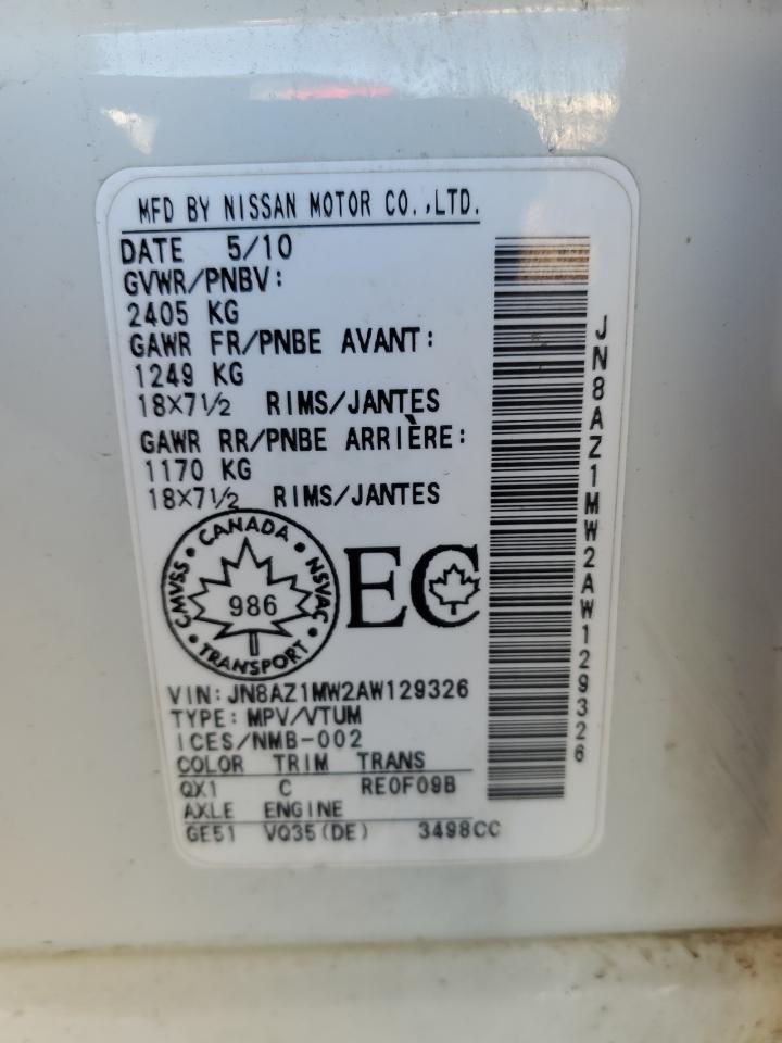 2010 Nissan Murano S VIN: JN8AZ1MW2AW129326 Lot: 84357025