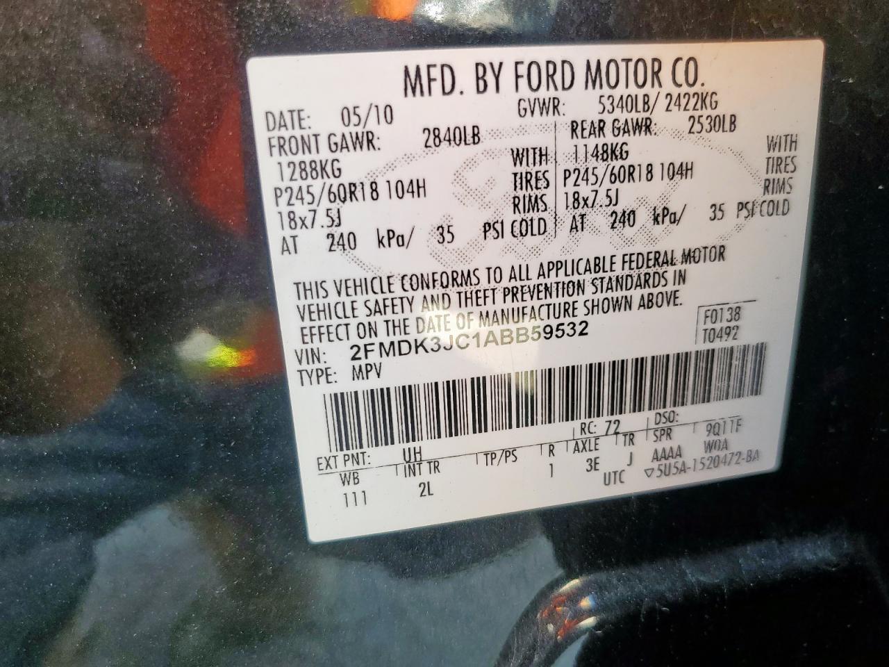 2010 Ford Edge Sel VIN: 2FMDK3JC1ABB59532 Lot: 80675945