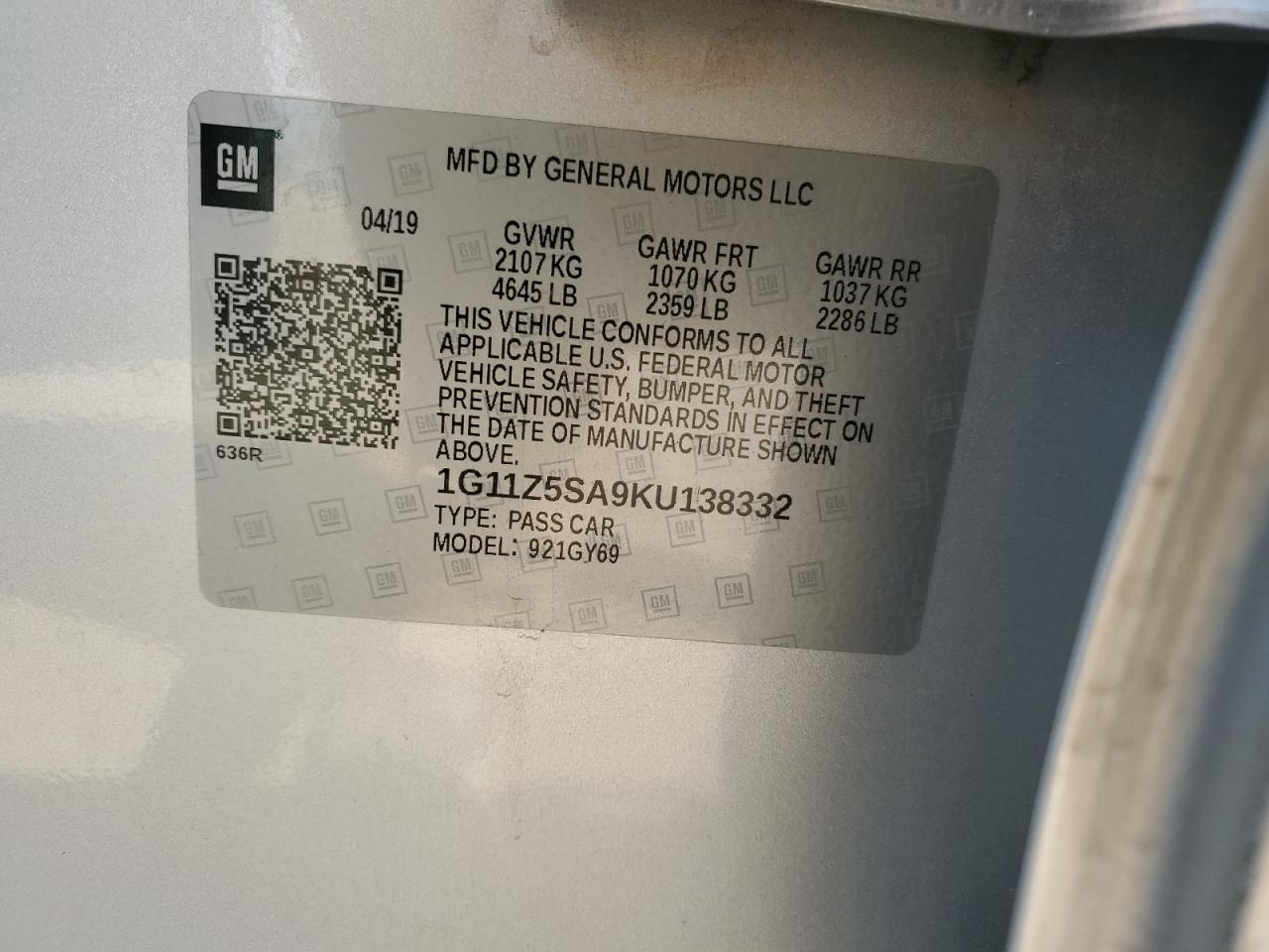 2019 Chevrolet Impala Lt VIN: 1G11Z5SA9KU138332 Lot: 80632735