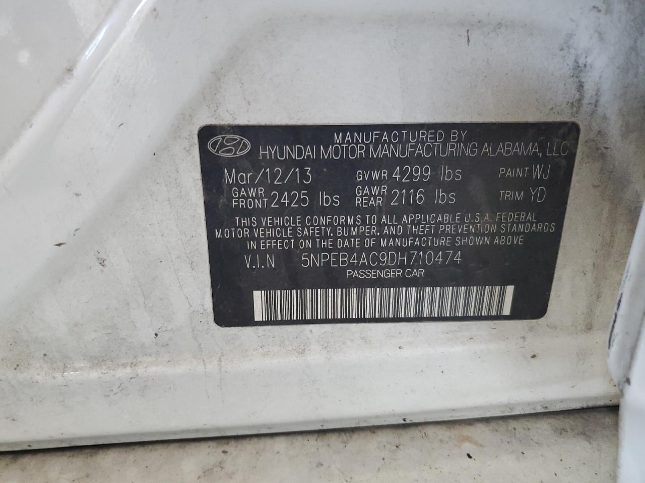 2013 Hyundai Sonata Gls VIN: 5NPEB4AC9DH710474 Lot: 71876565