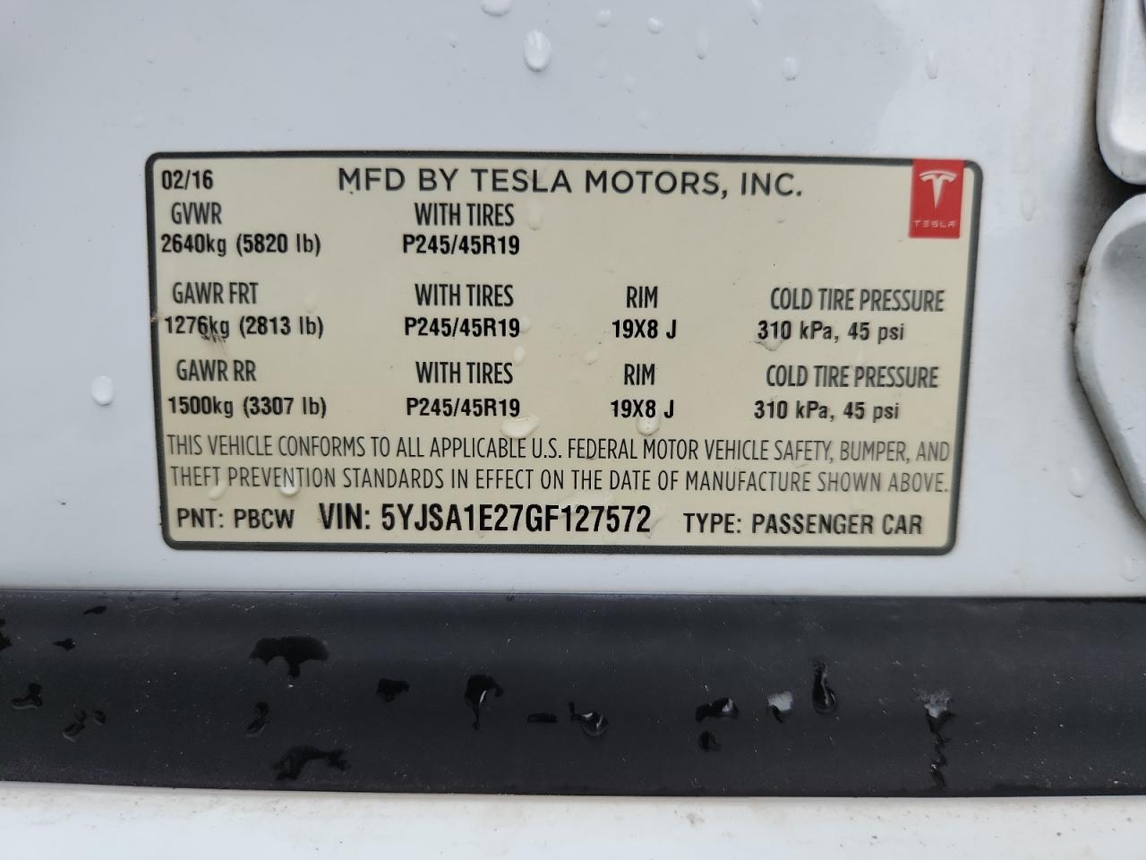 2016 Tesla Model S VIN: 5YJSA1E27GF127572 Lot: 69581085