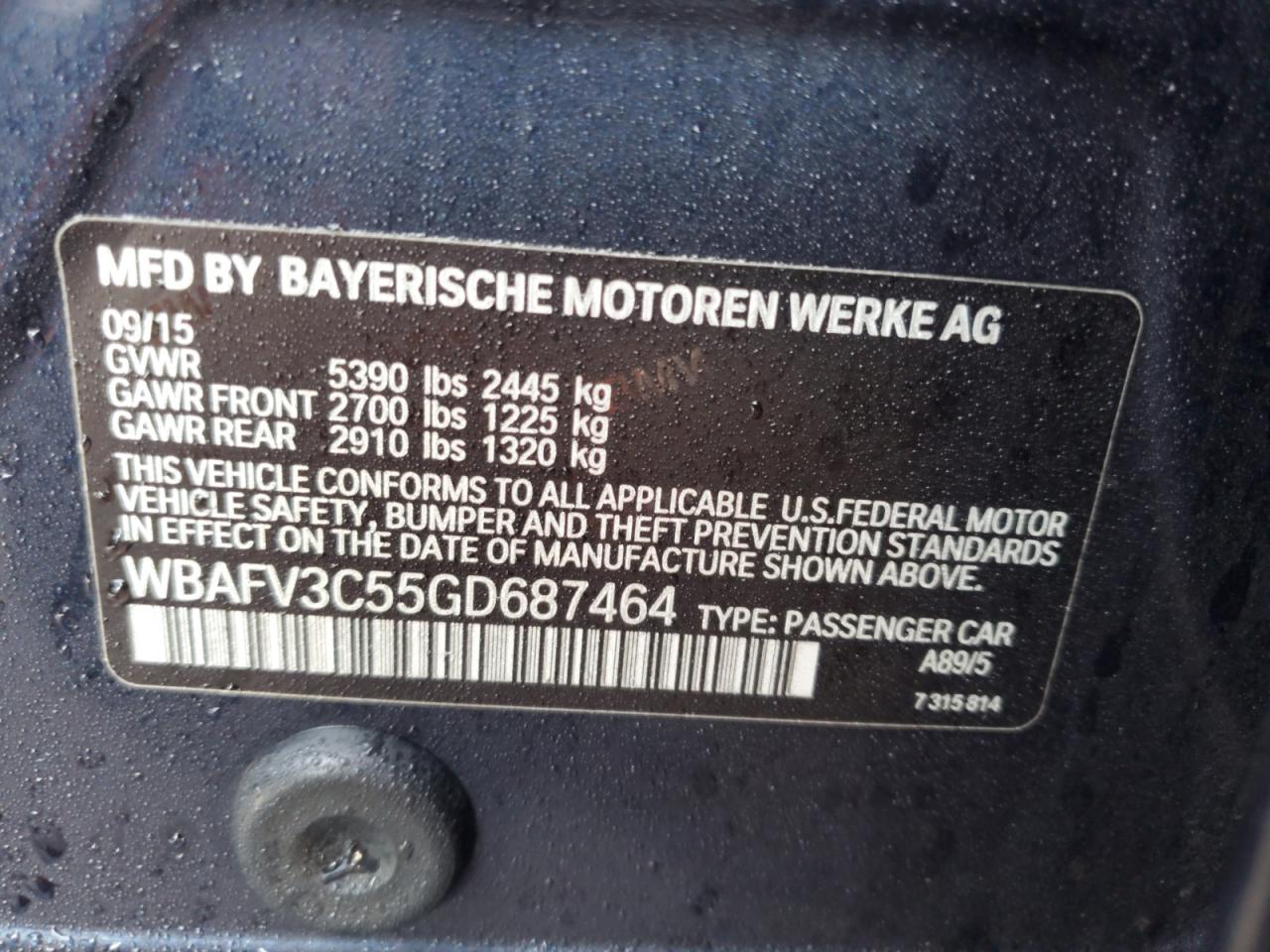 2016 BMW 535 D xDrive VIN: WBAFV3C55GD687464 Lot: 71502605