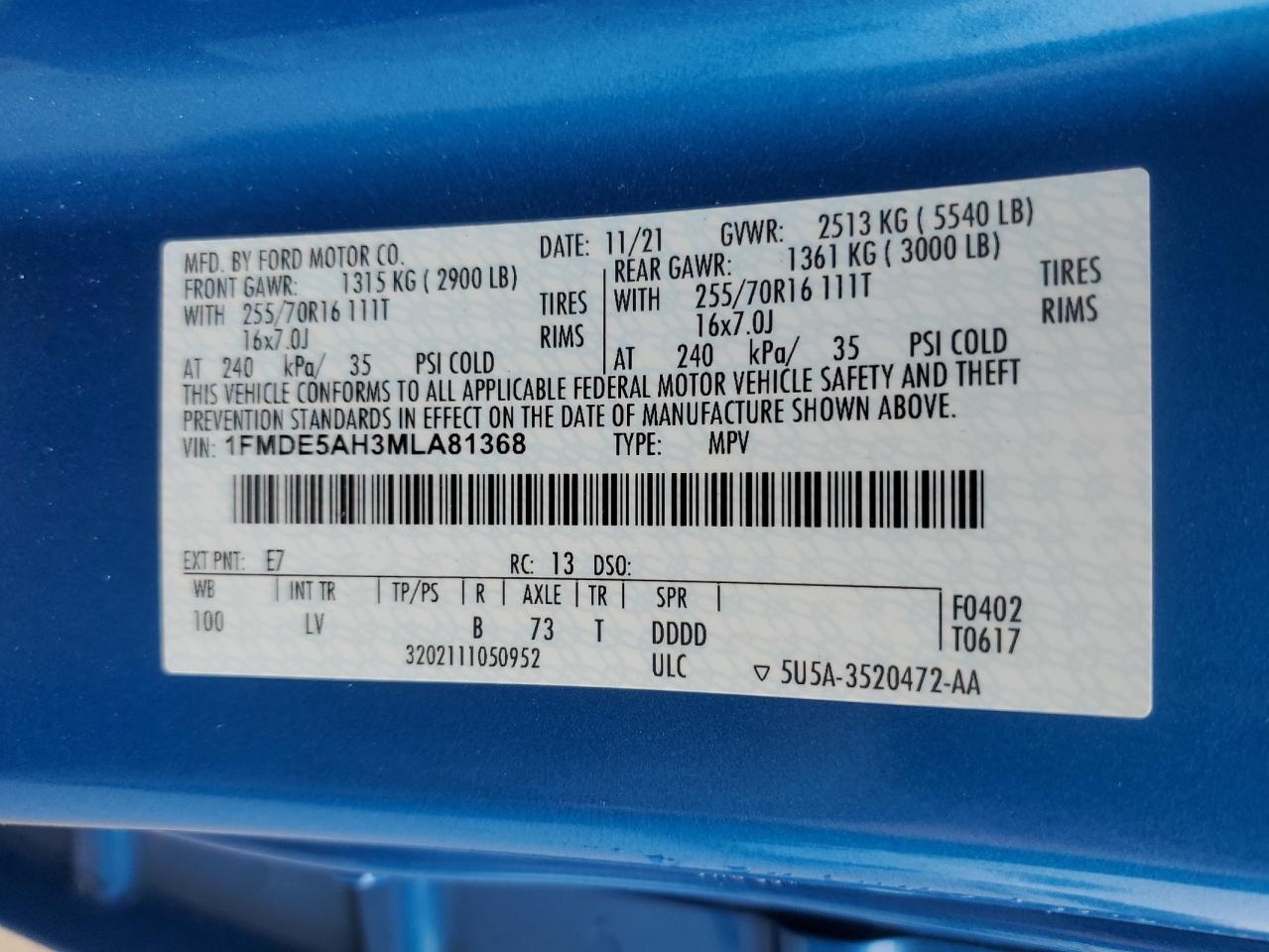 2021 Ford Bronco Base VIN: 1FMDE5AH3MLA81368 Lot: 83810585