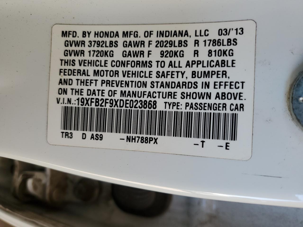 2013 Honda Civic Exl VIN: 19XFB2F9XDE023868 Lot: 81770425