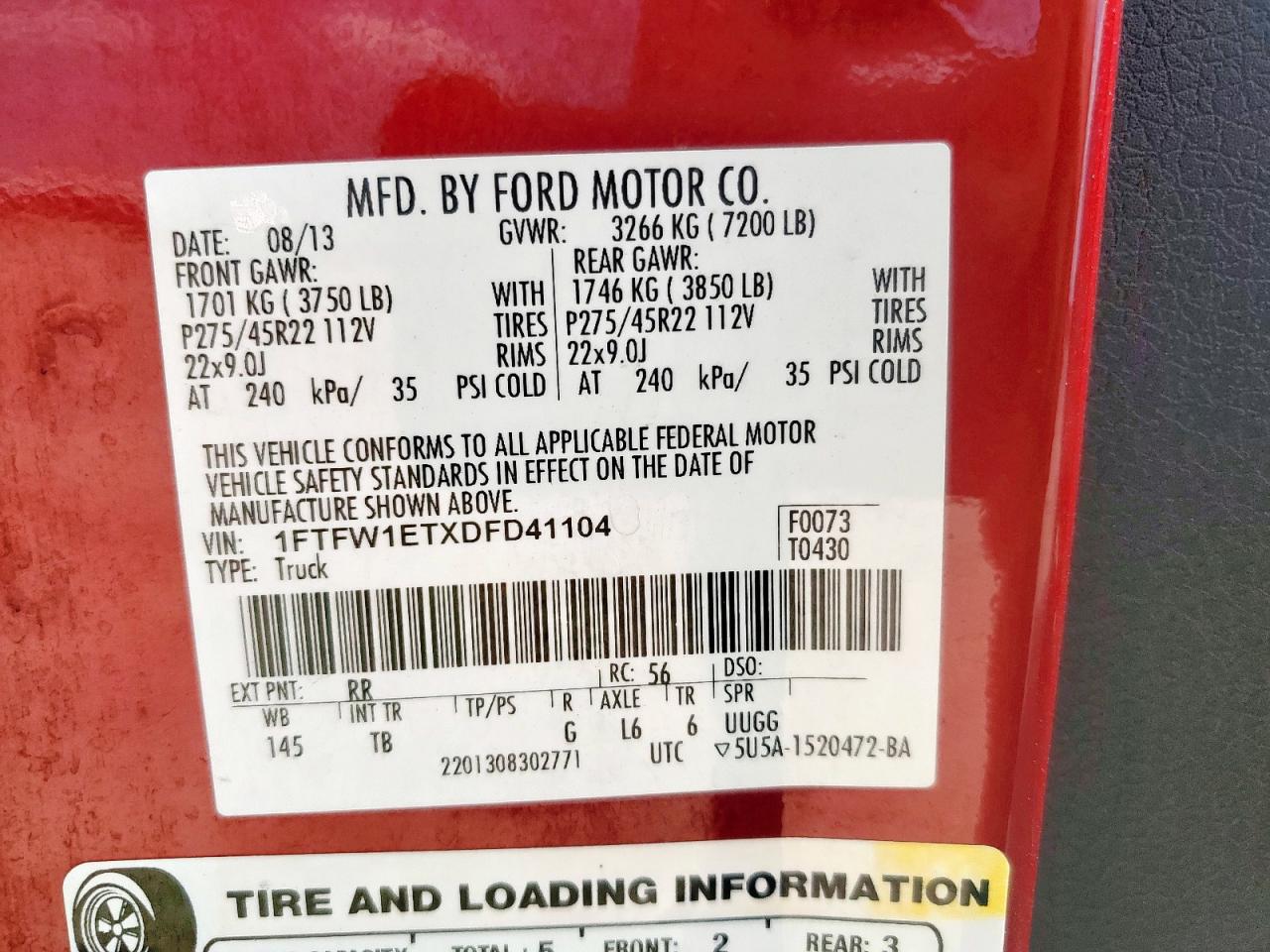 2013 Ford F150 Supercrew VIN: 1FTFW1ETXDFD41104 Lot: 81928425