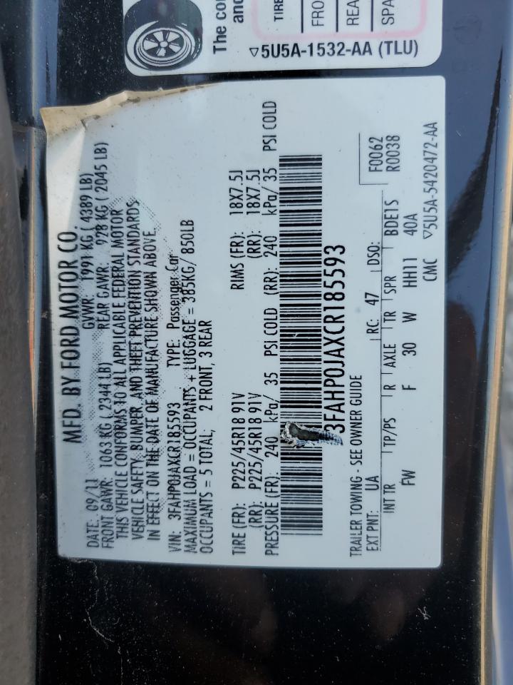 2012 Ford Fusion Sel VIN: 3FAHP0JAXCR185593 Lot: 81931275