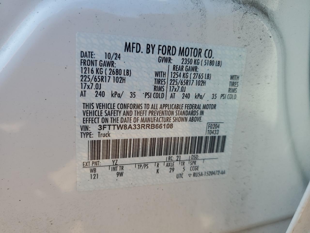 2024 Ford Maverick Xl VIN: 3FTTW8A33RRB66108 Lot: 80219245