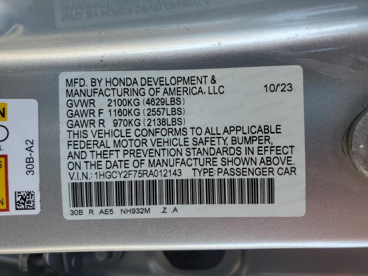 2024 Honda Accord Hybrid Sport-L VIN: 1HGCY2F75RA012143 Lot: 80107255