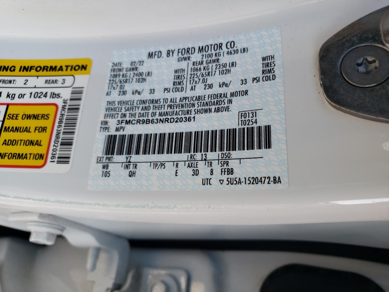 2022 Ford Bronco Sport Big Bend VIN: 3FMCR9B63NRD20361 Lot: 71082395