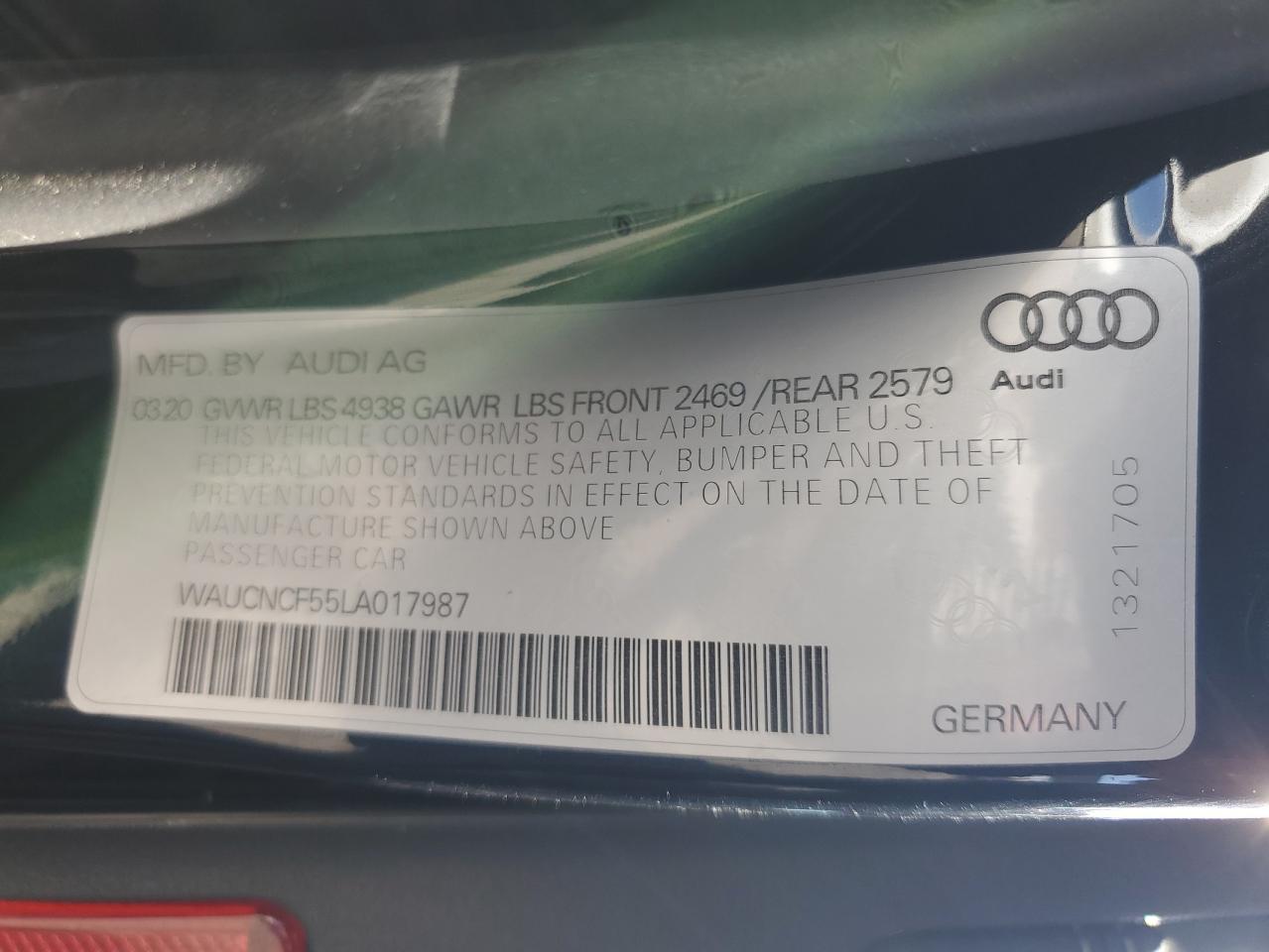 2020 Audi A5 Premium Plus VIN: WAUCNCF55LA017987 Lot: 84403605