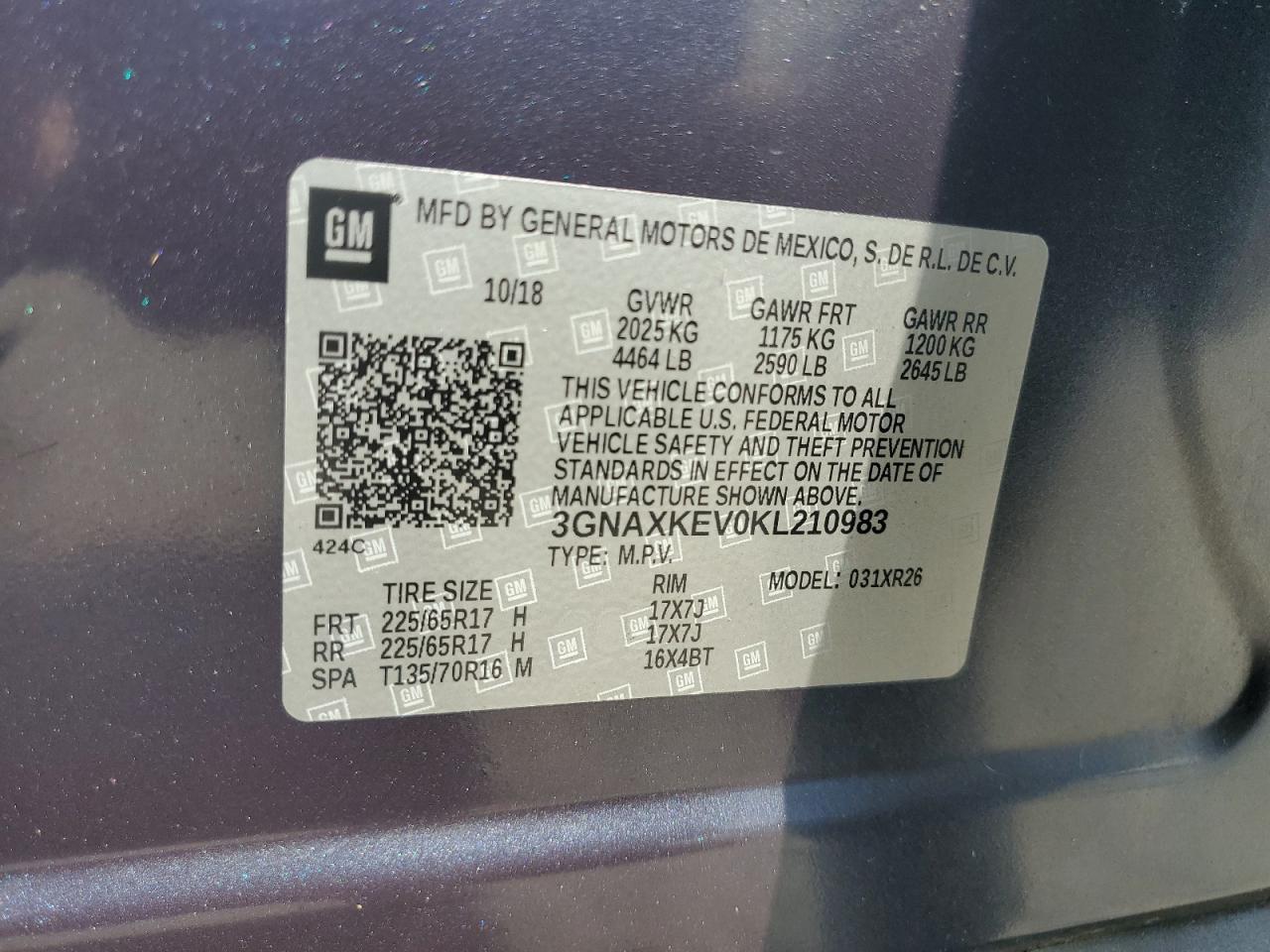 2019 Chevrolet Equinox Lt VIN: 3GNAXKEV0KL210983 Lot: 80839565