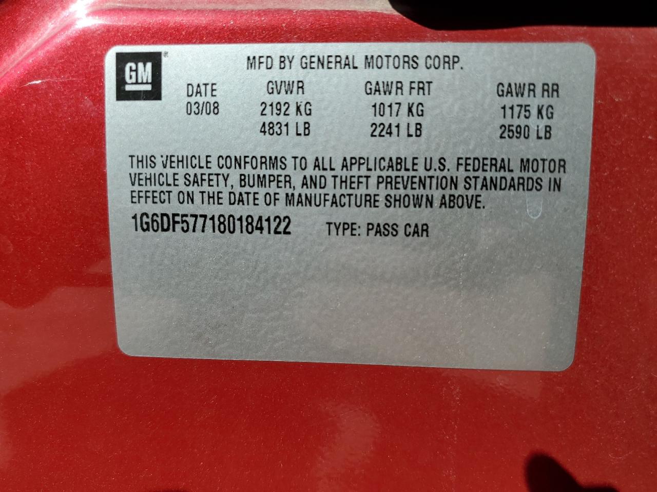 2008 Cadillac Cts VIN: 1G6DF577180184122 Lot: 82171575