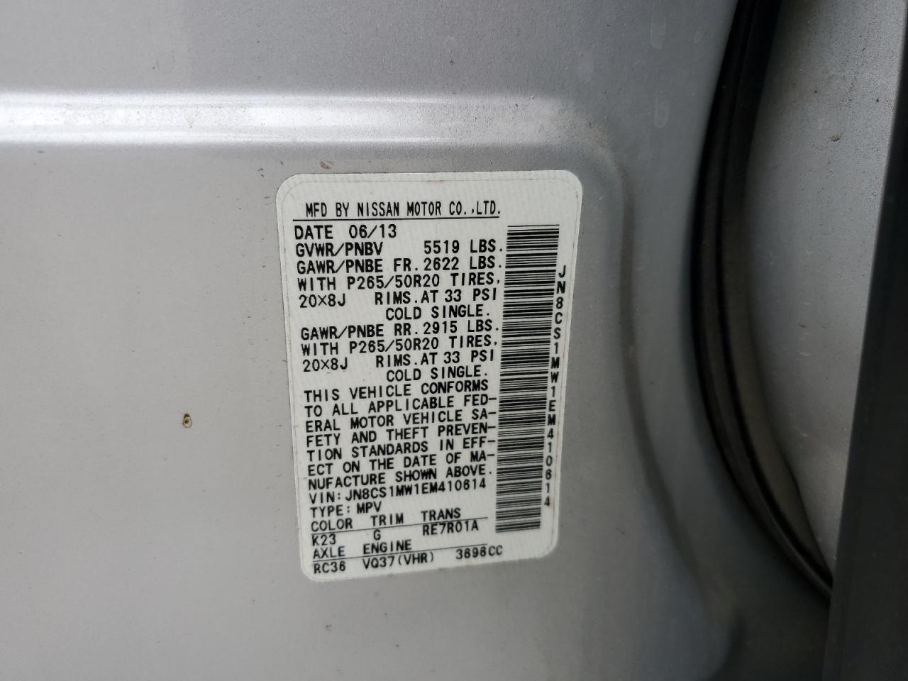 2014 Infiniti Qx70 VIN: JN8CS1MW1EM410614 Lot: 83938975