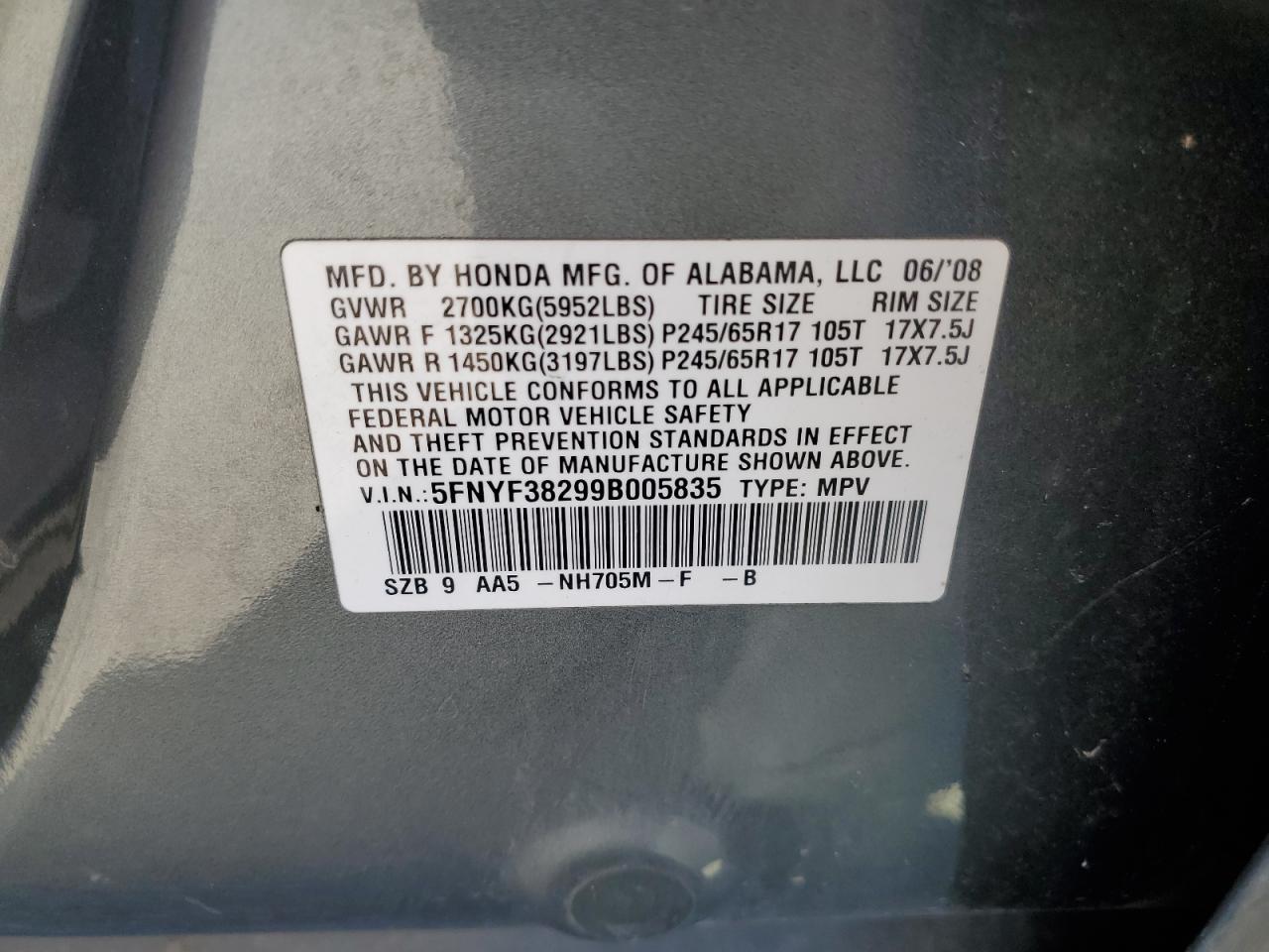 2009 Honda Pilot Lx VIN: 5FNYF38299B005835 Lot: 80849325